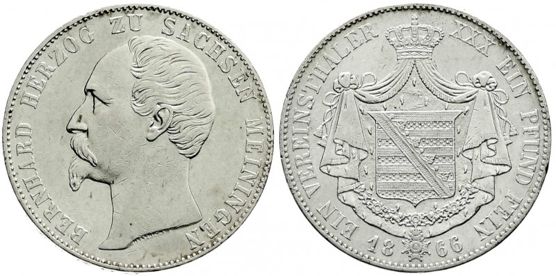 Sachsen-Meiningen
Bernhard II., 1821-1866
Vereinstaler 1866 sehr schön, kl. Ra...