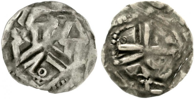 Tübingen
Hugo I., 1162-1182
Pfennig o.J. Drei Spitzdächer auf einem rautenförm...