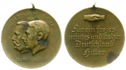 Drittes Reich
Bronzemedaille 1933 a.d. Machtergreifung. Köpfe Hindenburg und Hitler l./Handschlag über 4 Zeilen. 30 mm. sehr schön/vorzüglich, flecki...