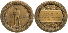 Drittes Reich
Bronzemedaille 1937. Die Wacht am Rhein. Offizierskorps der Regimentstruppen. 72 mm. Im Etui. vorzüglich/Stempelglanz