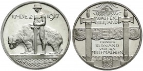 Erster Weltkrieg
Silbermedaille 1917 von Hummel bei Lauer, a.d. Waffenstillstand zwischen Russland und den Mittemächten. 34 mm; 14,77 g. Polierte Pla...