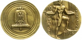 Olympische Spiele
Berlin 1936
Bronzegußmedaille 1936 v. Placzek. 5 gestaffelte Sportler/Glocke. 70 mm. vorzüglich, kl. Randfehler