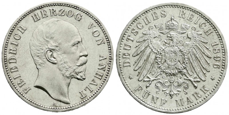 Anhalt
Friedrich I., 1871-1904
5 Mark 1896 A. vorzüglich/Stempelglanz, min. Kr...