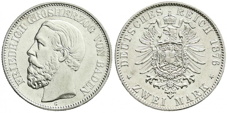 Baden
Friedrich I., 1856-1907
2 Mark 1876 G. vorzüglich/Stempelglanz, winz. Kr...