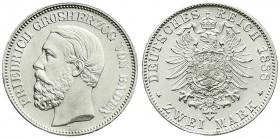 Baden
Friedrich I., 1856-1907
2 Mark 1888 G. prägefrisch, leichter Kratzer, sonst Prachtexemplar