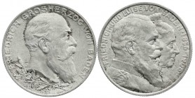 Baden
Friedrich I., 1856-1907
2 X 2 Mark: 1902 Jubiläum und 1906 Goldene Hochzeit. beide fast Stempelglanz