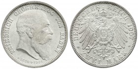 Baden
Friedrich I., 1856-1907
2 Mark 1907. Auf seinen Tod. fast Stempelglanz, Prachtexemplar