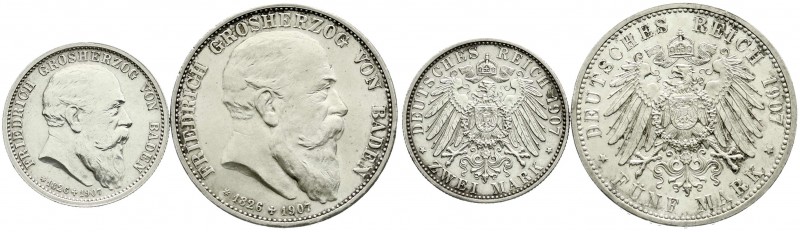 Baden
Friedrich I., 1856-1907
2 und 5 Mark 1907. Auf seinen Tod. Stempelglanz ...