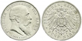 Baden
Friedrich I., 1856-1907
5 Mark 1907. Auf seinen Tod. sehr schön/vorzüglich