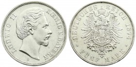 Bayern
Ludwig II., 1864-1886
5 Mark 1874 D. vorzüglich/Stempelglanz, winz. Kratzer