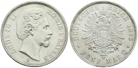Bayern
Ludwig II., 1864-1886
5 Mark 1875 D. prägefrisch, winz. Randfehler