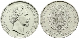 Bayern
Ludwig II., 1864-1886
5 Mark 1876 D. vorzüglich/Stempelglanz, winz. Randfehler