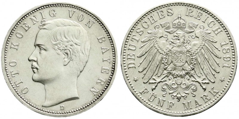 Bayern
Otto, 1886-1913
5 Mark 1891 D. vorzüglich, etwas berieben