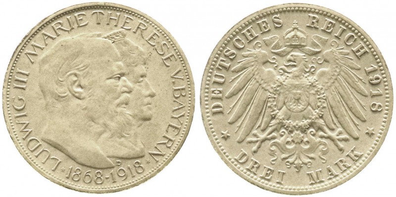 Bayern
Ludwig III., 1913-1918
3 Mark 1918 D, Goldene Hochzeit. Prägung vom Ori...