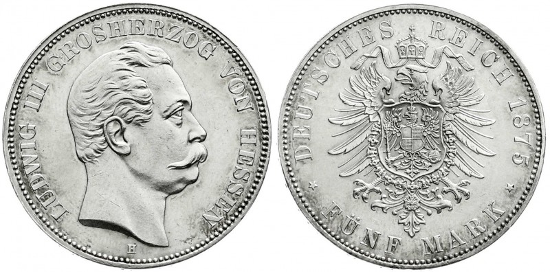 Hessen
Ludwig III., 1848-1877
5 Mark 1875 H vorzüglich/Stempelglanz, Kratzer, ...