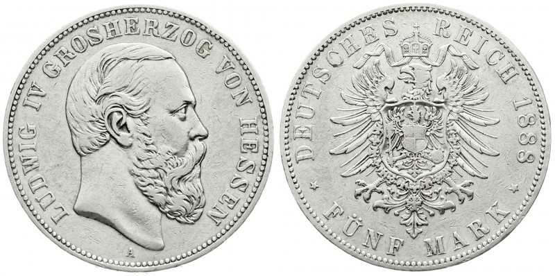 Hessen
Ludwig IV., 1877-1892
5 Mark 1888 A. gutes sehr schön, kl. Kratzer