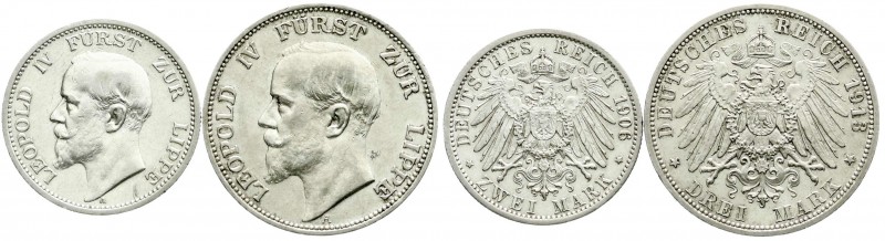 Lippe
Leopold IV., 1904-1918
2 Stück: 2 Mark 1906 A und 3 Mark 1913 A. sehr sc...