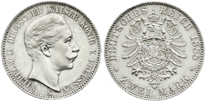 Preußen
Wilhelm II., 1888-1918
2 Mark 1888 A. Kl. Adler. vorzüglich, scharf ge...