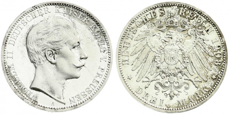 Preußen
Wilhelm II., 1888-1918
3 Mark 1908 A. Polierte Platte, nur min. berühr...