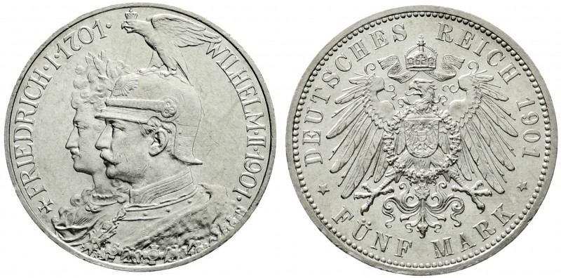 Preußen
Wilhelm II., 1888-1918
5 Mark 1901, 200 Jahrfeier. vorzüglich/Stempelg...