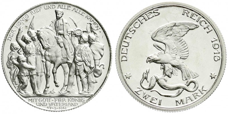 Preußen
Wilhelm II., 1888-1918
2 Mark 1913. Befreiungskampf. Polierte Platte, ...