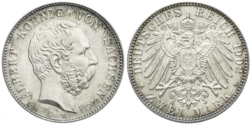 Sachsen
Albert, 1873-1902
2 Mark 1902 E. Auf seinen Tod. Stempelglanz, Prachte...