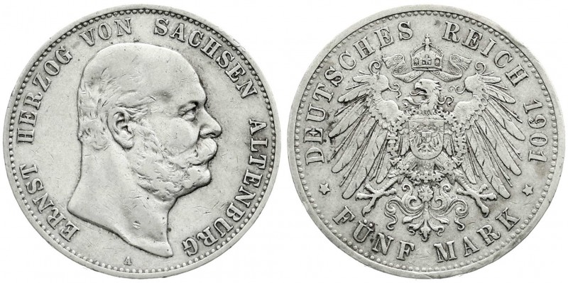 Sachsen-Altenburg
Ernst, 1853-1908
5 Mark 1901 A. sehr schön, kl. Randfehler