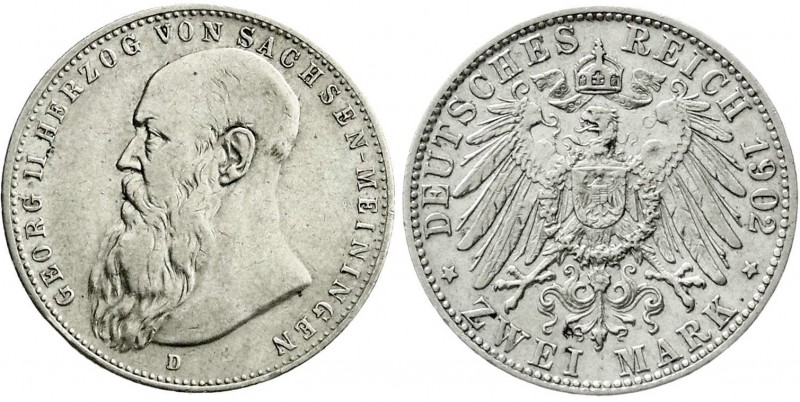 Sachsen-Meiningen
Georg II., 1866-1914
2 Mark 1902 D. Bart berührt Perlkreis n...