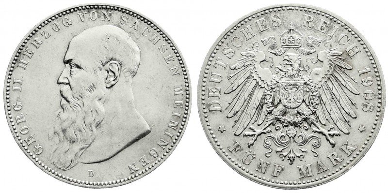 Sachsen-Meiningen
Georg II., 1866-1914
5 Mark 1908 D. Bart berührt Perlkreis n...