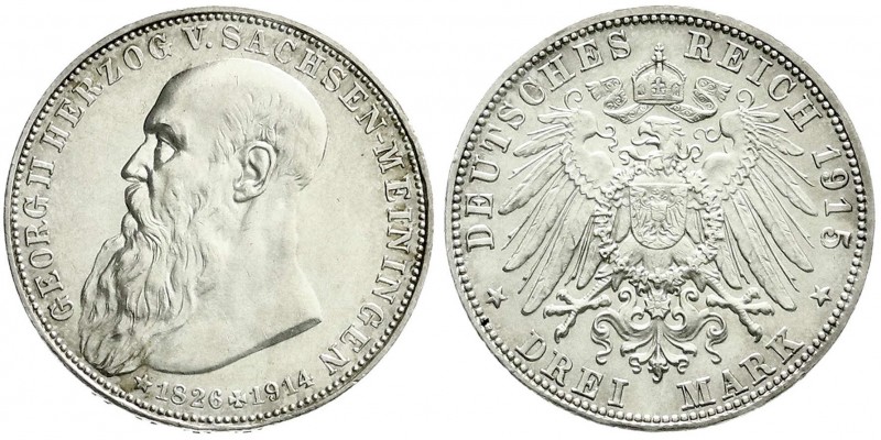 Sachsen-Meiningen
Georg II., 1866-1914
3 Mark 1915. Auf seinen Tod. fast Stemp...