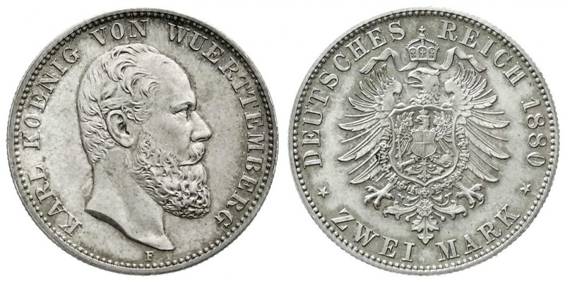 Württemberg
Karl, 1864-1891
2 Mark 1880 F. Stempelglanz, Prachtexemplar mit he...