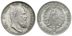 Württemberg
Karl, 1864-1891
2 Mark 1880 F. Stempelglanz, Prachtexemplar mit herrlicher Tönung, äußerst selten in dieser Erhaltung