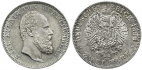 Württemberg
Karl, 1864-1891
2 Mark 1888 F. fast Stempelglanz, winz. Kratzer, sonst Prachtexemplar mit herrlicher Tönung, selten