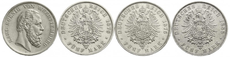 Württemberg
Karl, 1864-1891
4 X 5 Mark: 1874 F, 1875 F, 1876 F, 1888 F. Komple...