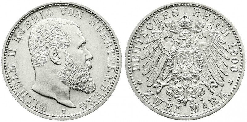 Württemberg
Wilhelm II., 1891-1918
2 Mark 1900 F. prägefrisch/fast Stempelglan...