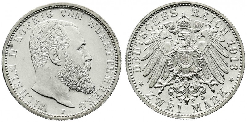 Württemberg
Wilhelm II., 1891-1918
2 Mark 1913 F. fast Stempelglanz, Prachtexe...