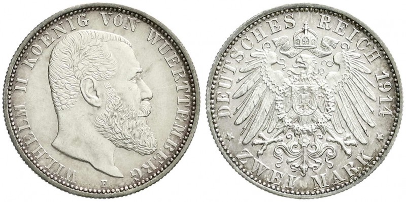 Württemberg
Wilhelm II., 1891-1918
2 Mark 1914 F. fast Stempelglanz, feine Pat...