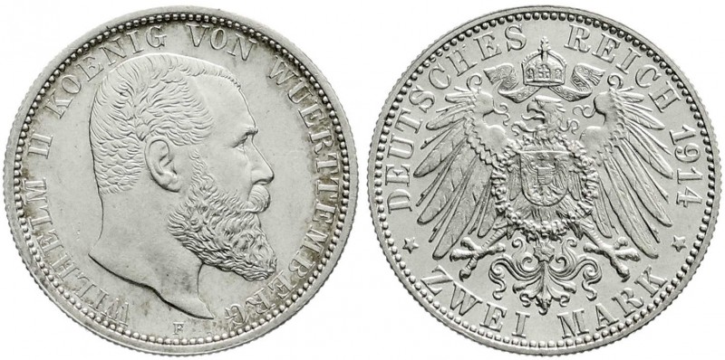 Württemberg
Wilhelm II., 1891-1918
2 Mark 1914 F. fast Stempelglanz, feine Pat...