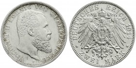 Württemberg
Wilhelm II., 1891-1918
2 Mark 1914 F. fast Stempelglanz, feine Patina