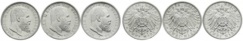 Württemberg
Wilhelm II., 1891-1918
3 X 2 Mark: 1899 F, 1912 F, 1914 F. alle vo...