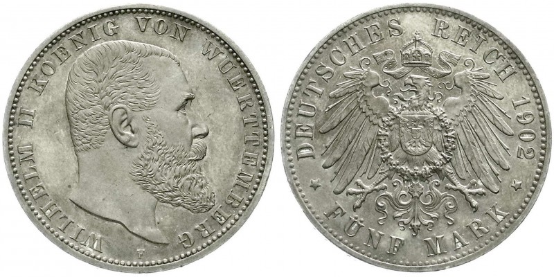 Württemberg
Wilhelm II., 1891-1918
5 Mark 1902 F. Auflage nur wenige Ex. Polie...