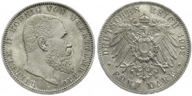 Württemberg
Wilhelm II., 1891-1918
5 Mark 1902 F. Auflage nur wenige Ex. Polierte Platte, kl. Kratzer und min. berieben, schöne Tönung, selten