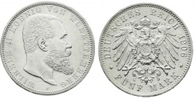 Württemberg
Wilhelm II., 1891-1918
5 Mark 1906 F. Besseres Jahr. gutes sehr schön, kl. Randfehler