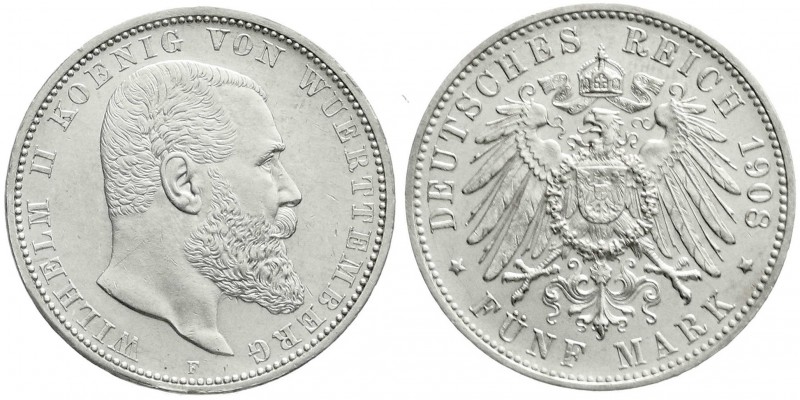 Württemberg
Wilhelm II., 1891-1918
5 Mark 1908 F. vorzüglich/Stempelglanz, kl....
