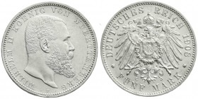 Württemberg
Wilhelm II., 1891-1918
5 Mark 1908 F. vorzüglich/Stempelglanz, kl. Randfehler