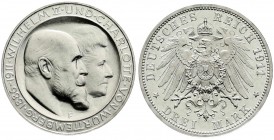 Württemberg
Wilhelm II., 1891-1918
3 Mark 1911 F. Zur silbernen Hochzeit. Polierte Platte