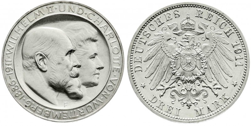 Württemberg
Wilhelm II., 1891-1918
3 Mark 1911 F. Zur silbernen Hochzeit. Poli...