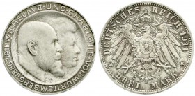 Württemberg
Wilhelm II., 1891-1918
3 Mark 1911 F. Zur silbernen Hochzeit. Stempelglanz, Prachtexemplar mit herrlicher Patina