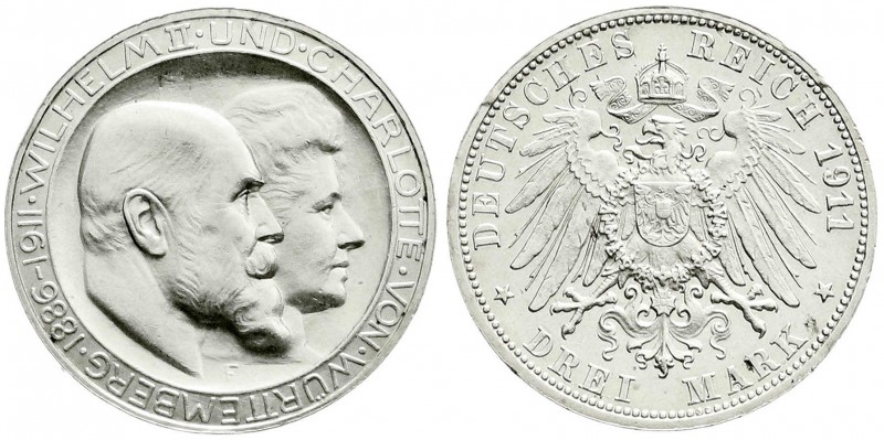 Württemberg
Wilhelm II., 1891-1918
3 Mark 1911 F. Zur silbernen Hochzeit. Mit ...