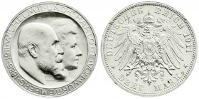 Württemberg
Wilhelm II., 1891-1918
3 Mark 1911 F. Zur silbernen Hochzeit. Mit hohem Querstrich im H. vorzüglich/Stempelglanz, kl. Randfehler